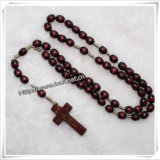 Jesus Cross Knotted Brown Oval Wood Rosary with Wooden Cross (IO-cr067)