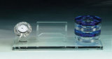 Crystal Glass Namecard and Pen Holder with Clock