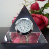 Pyramid Glass Crystal Clock with Logo Sandblast for Office Decoration