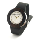 Lady Fashion Crystal Wood Wrist Watch with Leather Strap