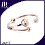 18CT Rose Gold Open Hinged Cuff with Faux White Pearl and Pave Set Cz's