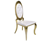 High Back Oval Golden Frame Stainless Steel White Leather Dining Chair with Crystal Pulling Buckles