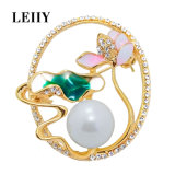 Crystal Oval Brooch Pin Simulated-Pearl Enamel Lotus Flower Brooches