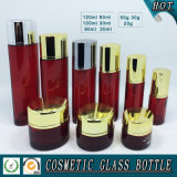 Red Coloured Glass Cosmetics Bottle and Cosmetic Glass Cream Jar