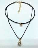 Double Chain Necklace Choker with Charm with Stones
