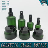 Frosted Green Slant Shoulder Cosmetic Glass Spray Bottle and Glass Cream Jar