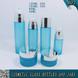 Frosted Blue Cosmetic Glass Lotion Bottles and Jars with Silver Cap