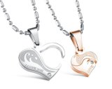 Fashion 1 Pair Lovers' Couple Pendant Necklace Matching Hearts Shape Rhinestone Pendant Stainless Steel Lovers Necklace jewelry