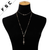 Fashion Zinc Alloy Gold Jewelry Crystal Diamond Cross Double Necklace