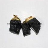 Semi Precious Stone Natural Crystal Black Obidian Gold Plating Pendant