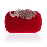 New Design Red Women Flower Shoulder Crystal Peacook Rhinestone Handbag Evening Bag for Party
