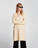 Women Knit Coat with V-Neck Pockets and Pearl Bead