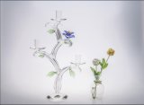 Three Poster Clear Glass Candle Holder for Wedding Decoration with Color Glass Flower
