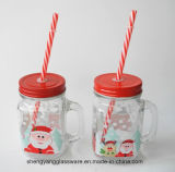 Decal Glass Cup /Mason Jar Mug with Matel Cover for Christmas Celebrate