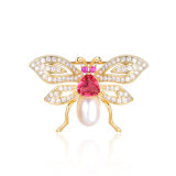 Fashion Accessories Beige Color Pearl Bead Zirconia Butterfly Brooch
