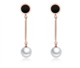 New Fashion Statement Simple Black Round Simulated Pearl Earrings Long Girls Rose Gold Color Titanium Steel Jewelry Female Brinco Gifts