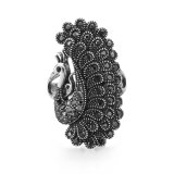 VAGULA Vintage Silver Wen's Ring Black Rhinestone Peacock Ladies Finger Ring S108