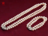 8-9mm Double Strands Round Pearl Necklace Bracelet Set