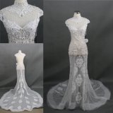 Custom High Collar Sheer Mermaid Crystal Wedding Dress Long Train