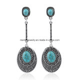 Retro Long Turquoise Oval Tassel Earrings European and American Fashion Jewelry