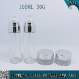 30g 100ml Clear Glass Cosmetic Bottle and Jar with Screw Sprayer Cap