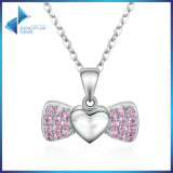 100% 925 Sterling Silver Sweet Heart Bowknot Pink Crystal Pendants Necklace