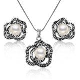 Retro Style Greek Key Rose Flower Jewelry Enamel Pearl Jewelry Set
