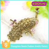 Wedding Invitation Rhinestone Antique Gold Peacock Brooch with Safety Pin