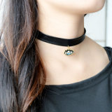 Enamel Crystal Eye Pendant Black Leather Choker Necklace