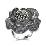 Black Crystal Flower Shape Antique Vintage Fashion Jewelry Accessory Finger Ring