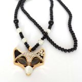 Shamballa Long Black Beads Opal Crystal Fox Pendant Necklace