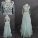Heavy Beading Crystal Stones Light Blue Long Sleeves Evening Gown