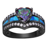 Black Plated Rainbow Blue Opal Heart Rings for Women