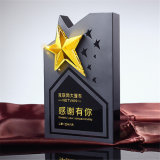 Golden Silvery and Cupreous Star Clear Transparent Glass Colorful Crystal Trophy Award Engraved with The White and Black Base