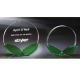 Round Crystal Glass Trophy Award with Green Leaves