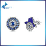 925 Sterling Silver Blue Crystals God's Hand Stud Earrings, Clear CZ Sterling Silver Earrings