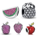 Fruit Charm Strawberry Watermelon Red Apple Pineapple Pave Crystal CZ 925 Sterling Silver Charm Fit Bracelet Jewelry Making