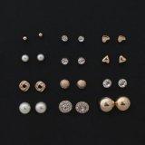 12pairs Round Square Ball Alloy Crystal Stud Pearl Earrings