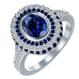 Silver Wedding Rings Large Round Royal Blue Crystal White CZ