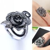 Black Rose Flower Cute Female Ring with Rhinestones for Woman