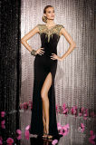 Colorful Crystal Beaded Side Split Skirt Black Chiffon Evening Prom Dress