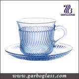180ml Blue Glass Cup and Saucer with Line Embossment