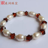 Stretched Fresh Water Pearl Bracelet with Red Agate