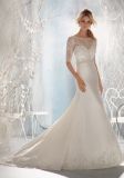 Crystal Beaded Embroidery on Net Overlaying Lustrous Satin Short Sleeve Wedding Gowns (WMA3054)