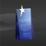 Wedge Design Blue Glass Crystal Trophy with a Star