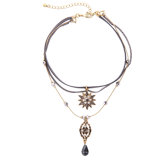 Fashion Jewelry Leather Multi-Layer Pendant Necklace with Glass Rhinestone