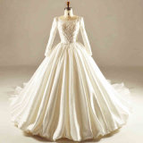 Long Sleeve Satin Crystal Bridal Dress Wedding Gown