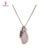 New Elegant Alloy Long Chain Sweater Necklace Resin Stone and Feather Design Pendant Jewelry