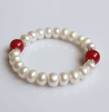 Red Agate Stretched Freshwater Pearl Bracelet (EB1579)