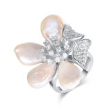 Real Yellow Gold Plating Flower Freshwater Pearl Jewelry Ring